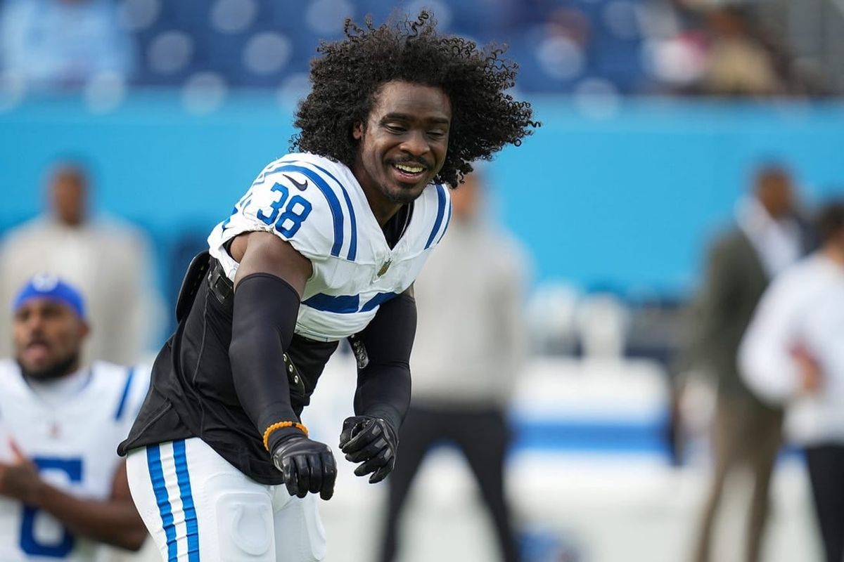 Indianapolis Colts cornerback Tony Brown (38) warms up Sunday, Dec. 3, 2023, before facing the Tennessee Titans at Nissan Stadium in Nashville, Tenn.