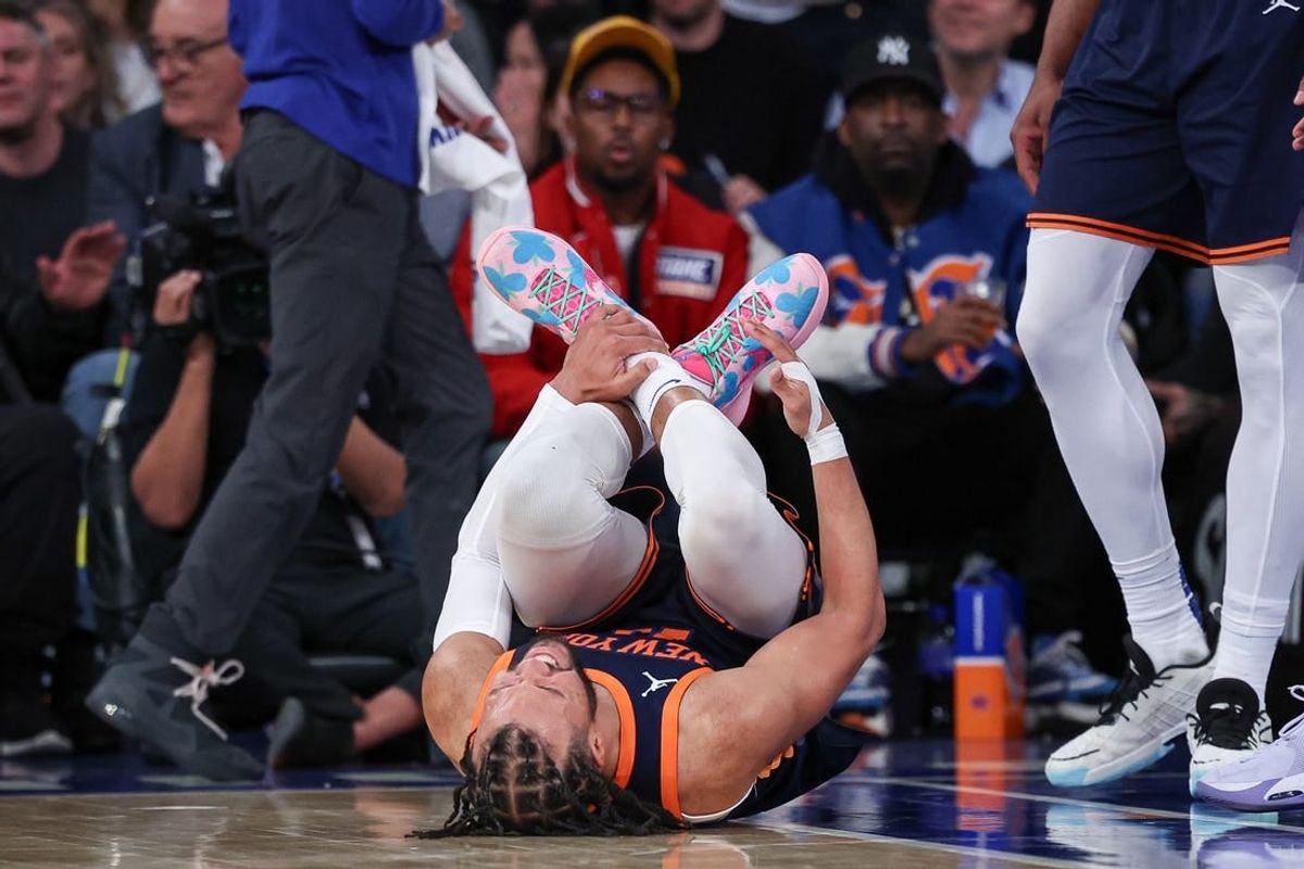 Feb 6, 2024; New York, New York, USA; New York Knicks guard Jalen Brunson (11) reacts after being injured during the second half against the Memphis Grizzlies at Madison Square Garden.