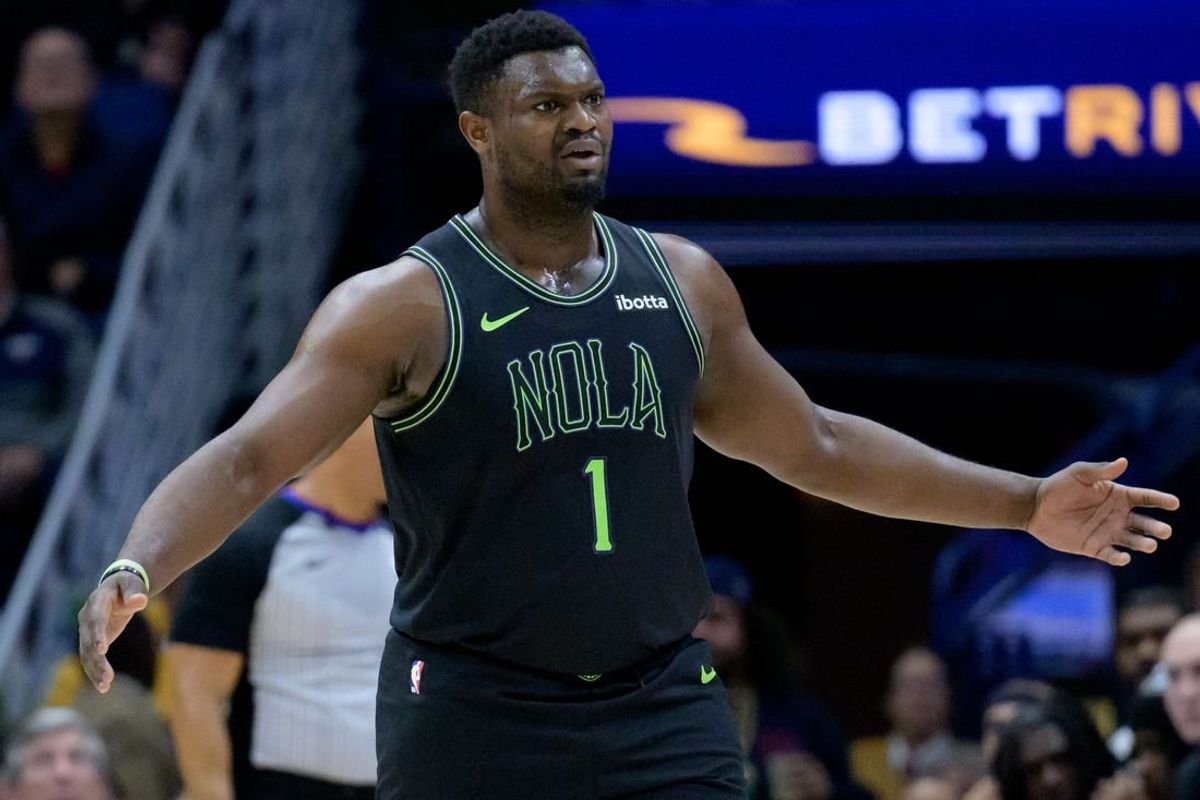 Jan 2, 2024; New Orleans, Louisiana, USA;  New Orleans Pelicans forward Zion Williamson (1) reacts after being called for a foul against the Brooklyn Nets during the first quarter at Smoothie King Center.
