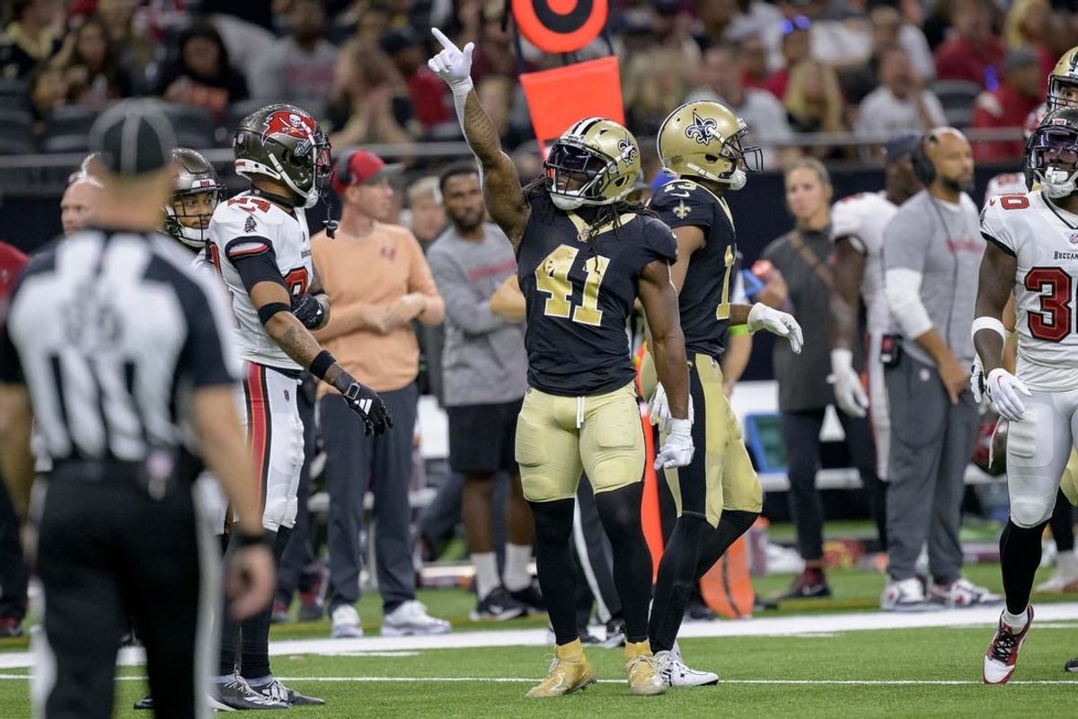 Oct 1, 2023; New Orleans, Louisiana, USA; New Orleans Saints running back Alvin Kamara (41) signals a first down against the Tampa Bay Buccaneers during the third quarter at the Caesars Superdome.
