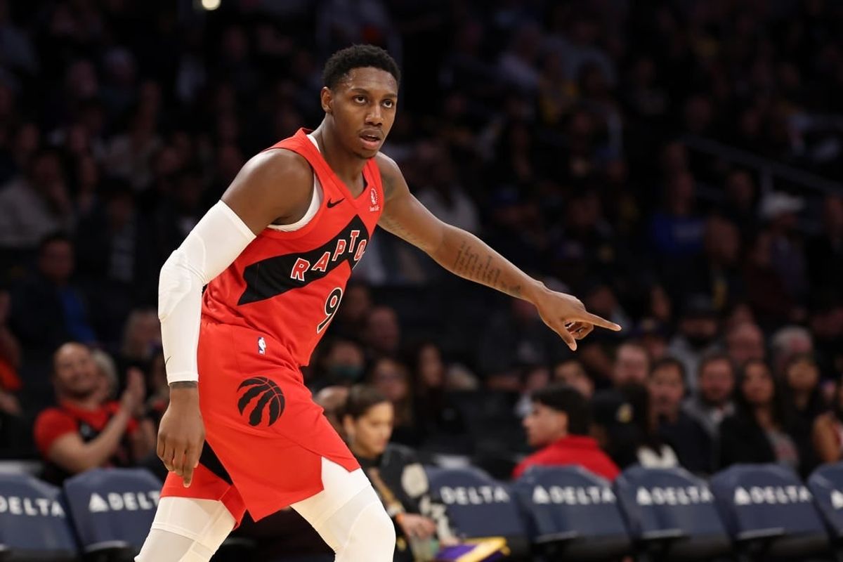 Jan 9, 2024; Los Angeles, California, USA;  Toronto Raptors guard RJ Barrett (9) reacts after making a basket during the third quarter against the Los Angeles Lakers at Crypto.com Arena.