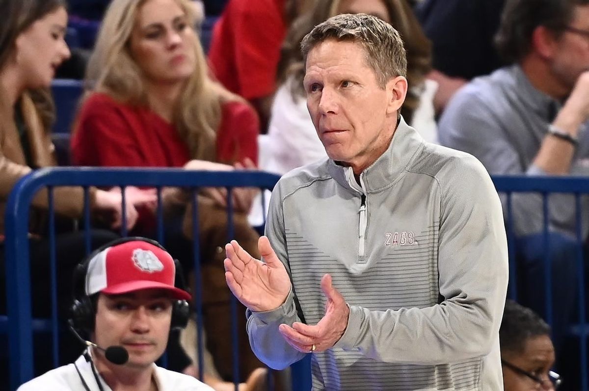 Feb 2, 2023; Spokane, Washington, USA; Gonzaga Bulldogs head coach Mark Few looks on against the Santa Clara Broncos in the second half at McCarthey Athletic Center. Gonzaga won 88-70.