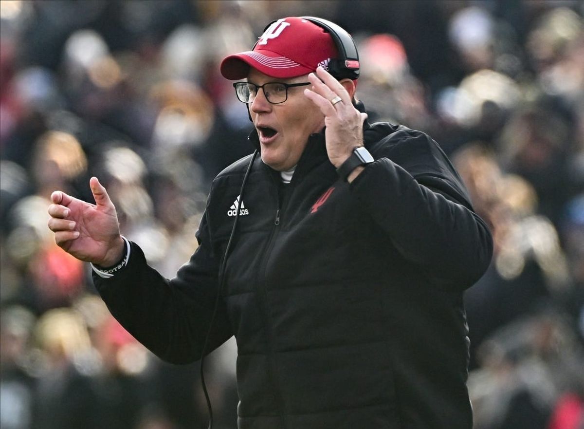 Nov 25, 2023; West Lafayette, Indiana, USA; Indiana Hoosiers head coach Tom Allen reacts during the second half at Ross-Ade Stadium.
