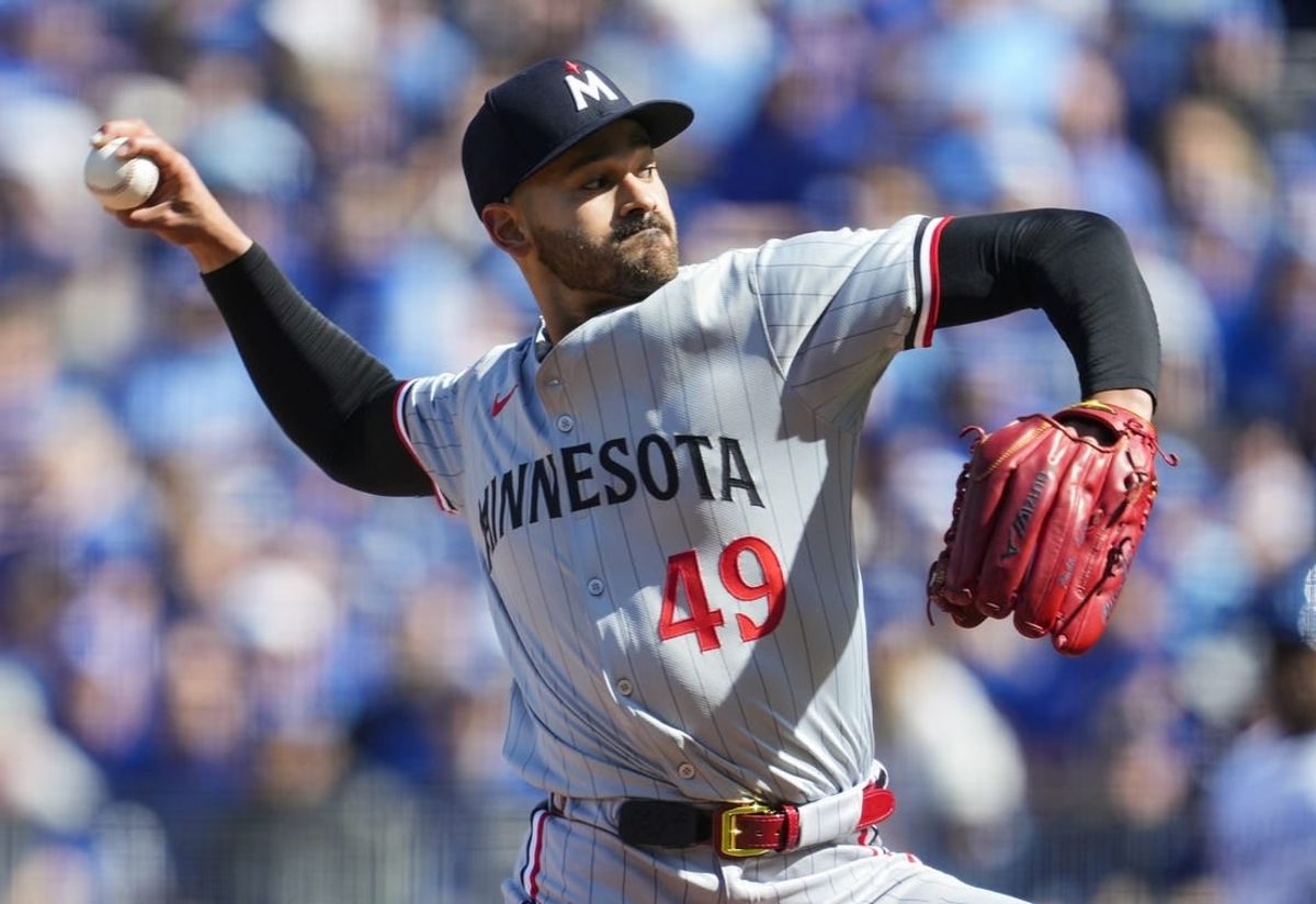 Mar 28, 2024; Kansas City, Missouri, USA; Minnesota Twins starting pitcher Pablo Lopez (49) pitches during the first inning against the Kansas City Royals at Kauffman Stadium.