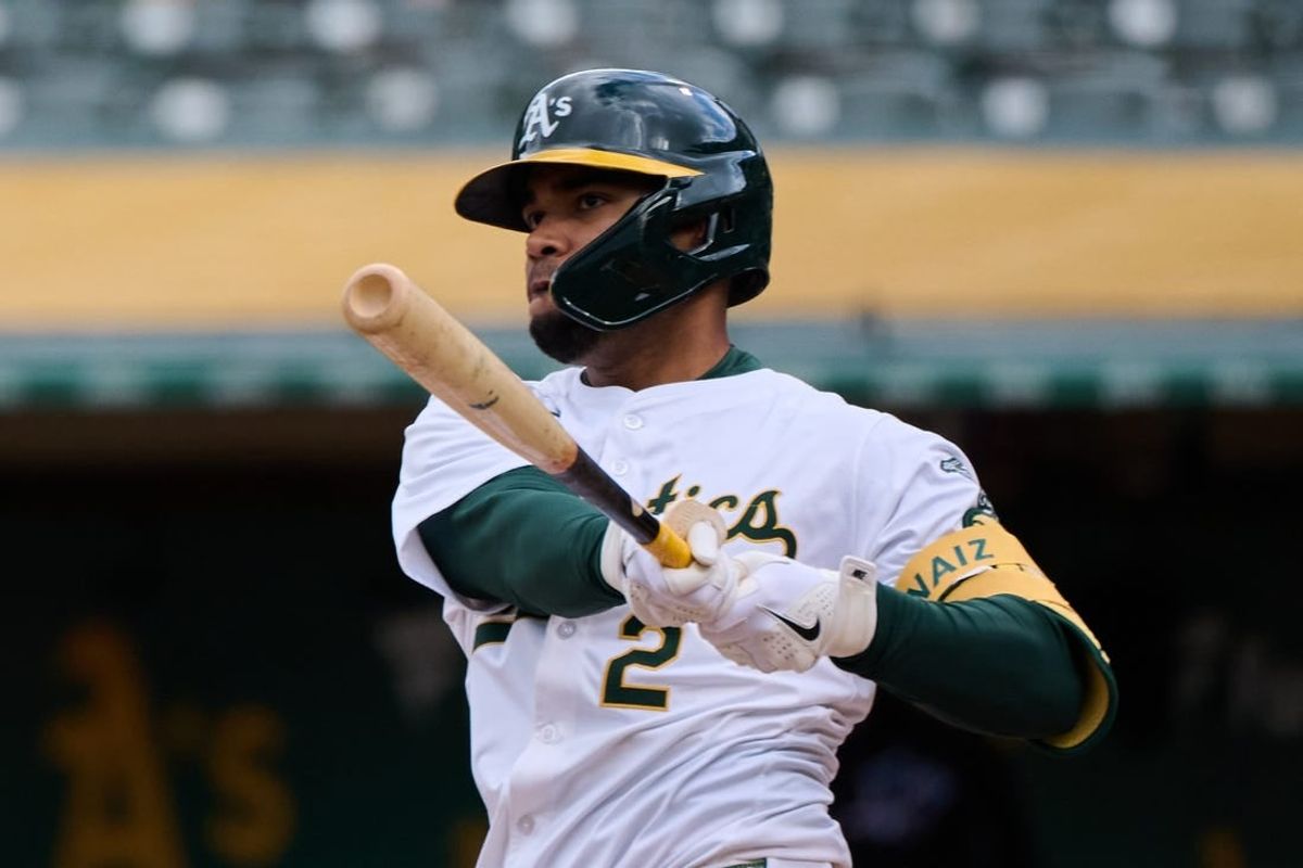May 4, 2024; Oakland, California, USA; Oakland Athletics infielder Darell Hernaiz (2) bats against the Miami Marlins during the third inning at Oakland-Alameda County Coliseum.