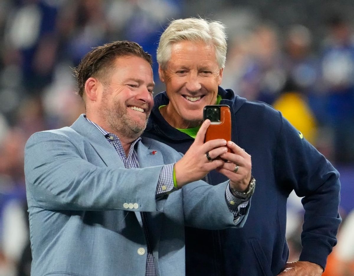 Oct 2, 2023; East Rutherford, New Jersey, USA; Seattle Seahawks head coach Pete Carroll with GM John Schneider pre game at MetLife Stadium.