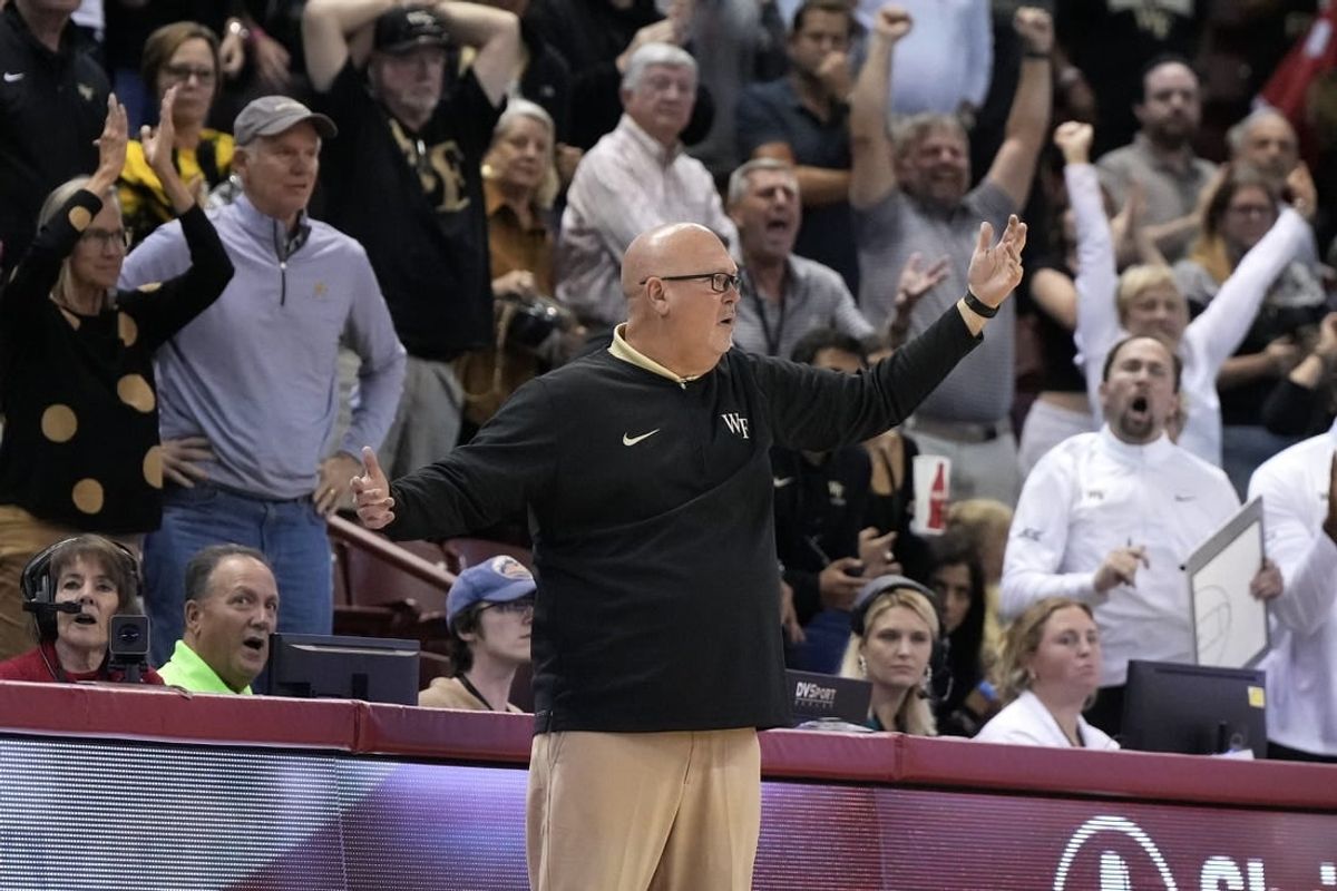 Nov 19, 2023; Charleston, SC, USA; Wake Forest Demon Deacons head coach Steve Forbes reacts to a call on the court in the second half against the LSU Tigers at TD Arena.