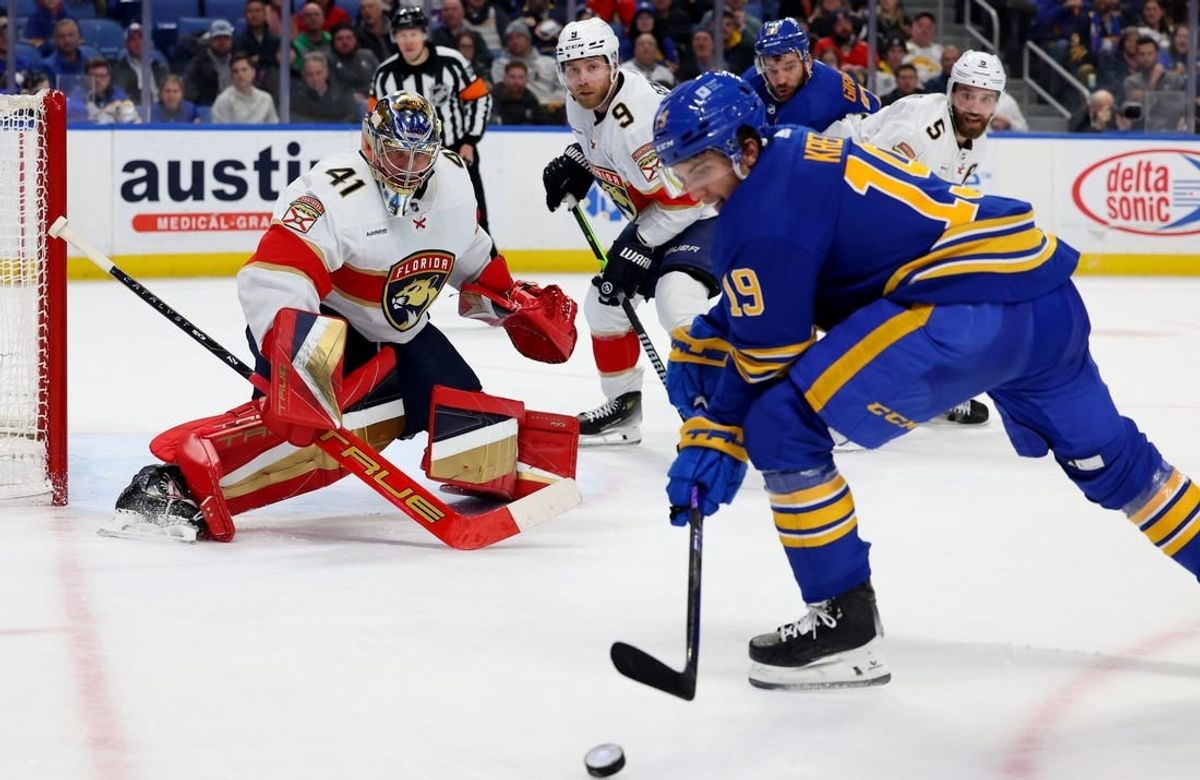 Feb 15, 2024; Buffalo, New York, USA;  Buffalo Sabres center Peyton Krebs (19) looks to take a shot on Florida Panthers goaltender Anthony Stolarz (41) during the second period at KeyBank Center.