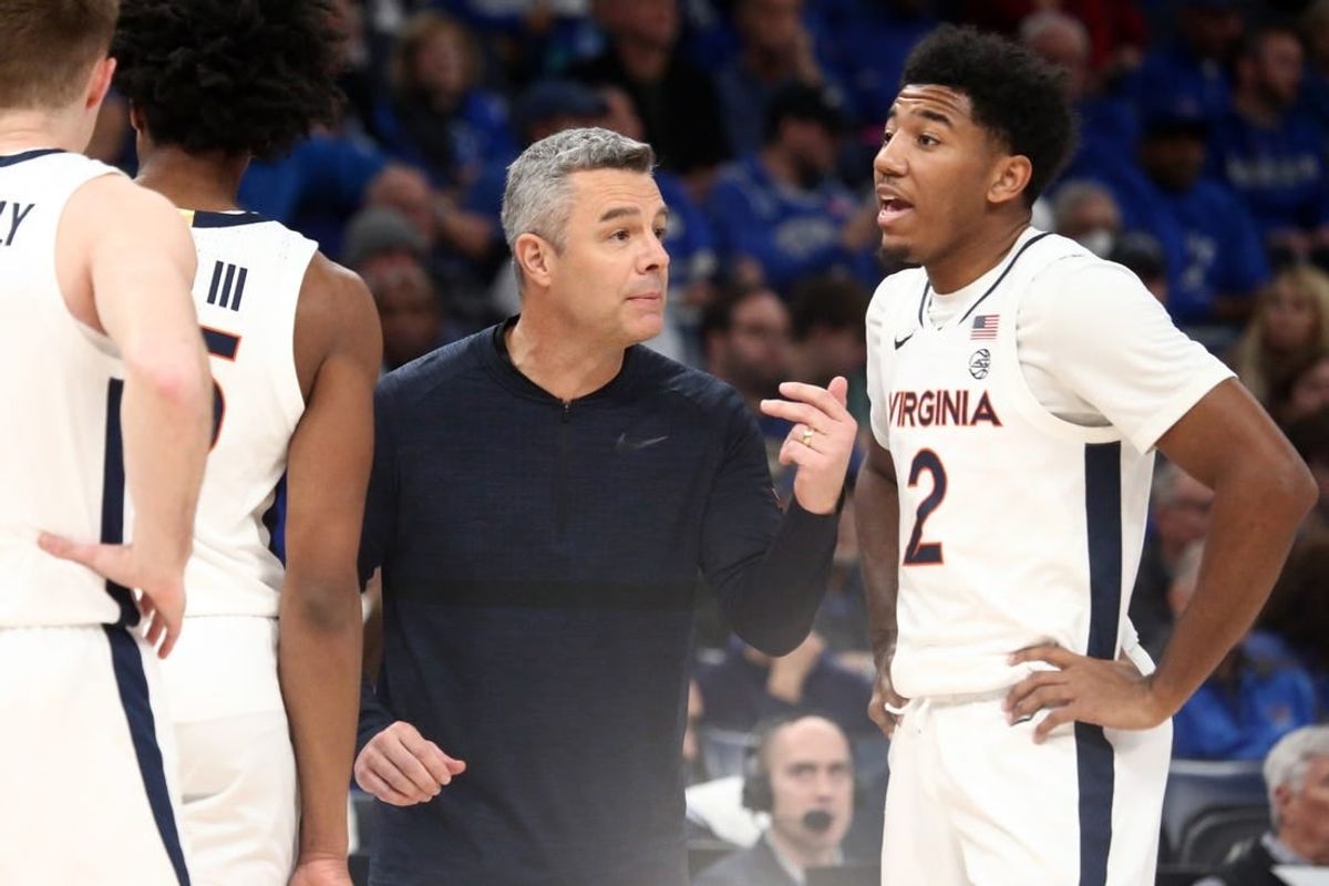 Dec 19, 2023; Memphis, Tennessee, USA; Virginia Cavaliers head coach Tony Bennett reacts during a time out  during the first half against the Memphis Tigers at FedExForum.