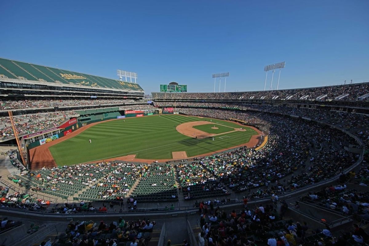 Aug 5, 2023; Oakland, California, USA; An overhead view of the stadium during the fourth inning of the game between the Oakland Athletics and the San Francisco Giants at Oakland-Alameda County Coliseum.
