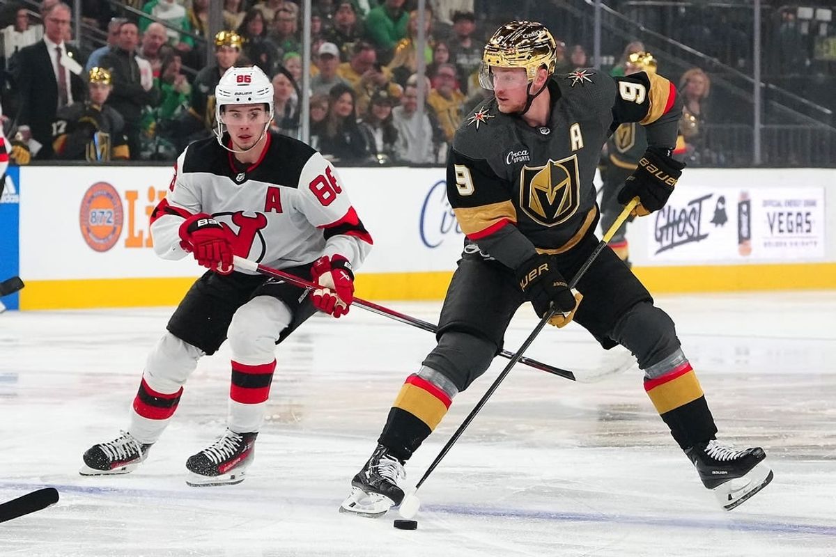 Mar 17, 2024; Las Vegas, Nevada, USA; Vegas Golden Knights center Jack Eichel (9) skates ahead of New Jersey Devils center Jack Hughes (86) during the first period at T-Mobile Arena.