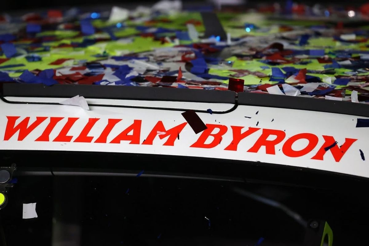 Confetti falls in victory lane after NASCAR Cup Series driver William Byron, who rode to a win in Atlanta last July, claims the Daytona 500 at Daytona International Speedway.