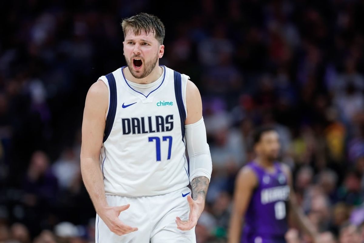 Mar 26, 2024; Sacramento, California, USA; Dallas Mavericks guard Luka Doncic (77) reacts towards the bench during the fourth quarter against the Sacramento Kings at Golden 1 Center.
