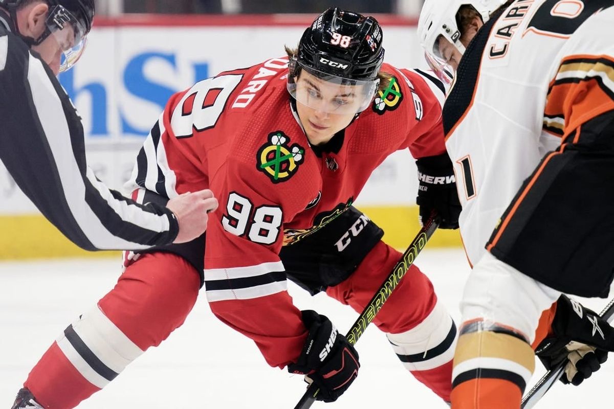 Dec 7, 2023; Chicago, Illinois, USA;  Chicago Blackhawks forward Connor Bedard (98) skates against the Anaheim Ducks at United Center.