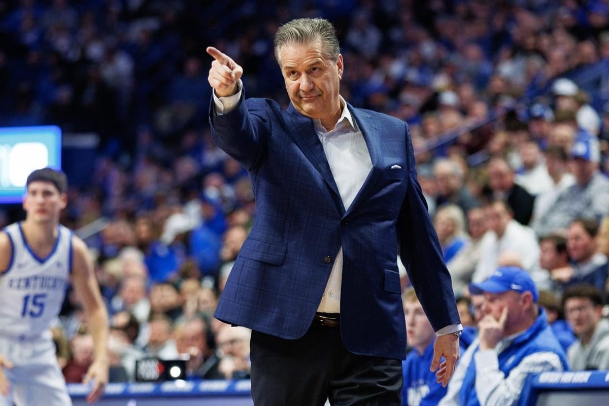 Jan 17, 2024; Lexington, Kentucky, USA; Kentucky Wildcats head coach John Calipari reacts during the first half against the Mississippi State Bulldogs at Rupp Arena at Central Bank Center.