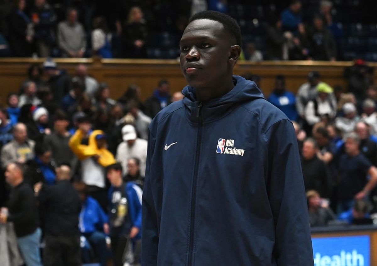 Jan 20, 2024; Durham, North Carolina, USA; Duke recruit Khaman Maluach leaves the court after watching a game between the Duke Blue Devils and Pittsburgh Panthers at Cameron Indoor Stadium. The Panthers won 80-76.