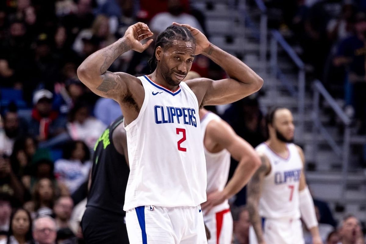 Mar 15, 2024; New Orleans, Louisiana, USA;  LA Clippers forward Kawhi Leonard (2) reacts to a play against the New Orleans Pelicans during the second half at Smoothie King Center.