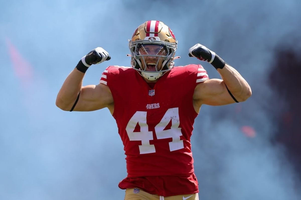 Oct 1, 2023; Santa Clara, California, USA; San Francisco 49ers fullback Kyle Juszczyk (44) runs onto the field before the game against the Arizona Cardinals at Levi's Stadium.