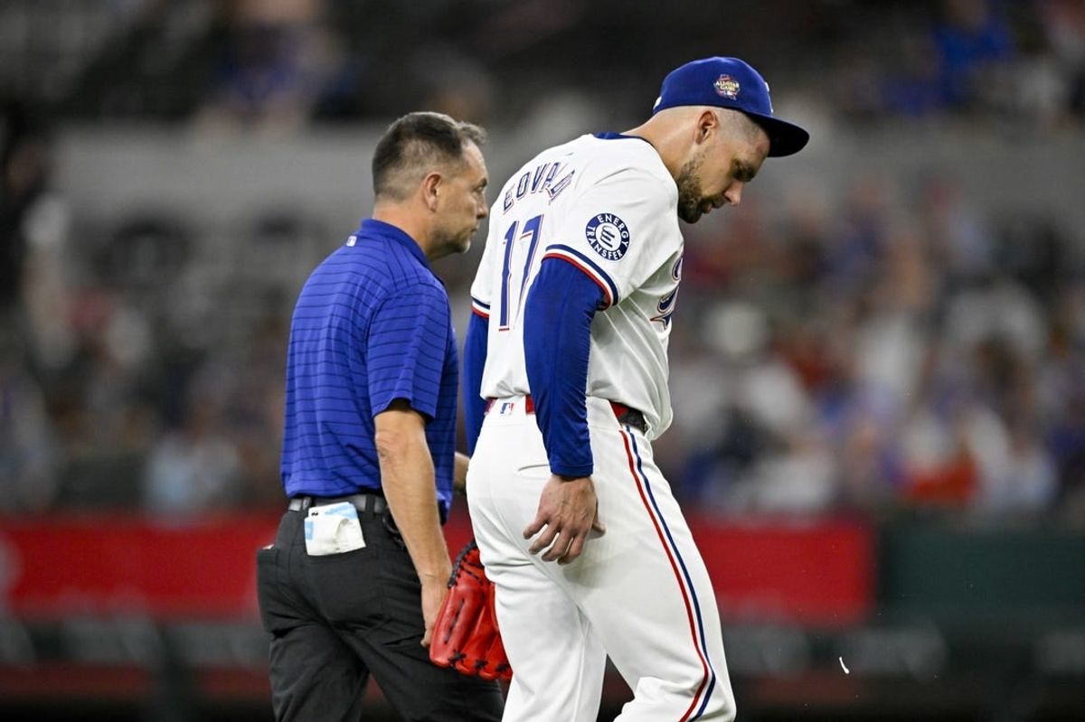 May 2, 2024; Arlington, Texas, USA; Texas Rangers starting pitcher Nathan Eovaldi (17) leaves the game against the Washington Nationals during the sixth inning at Globe Life Field.