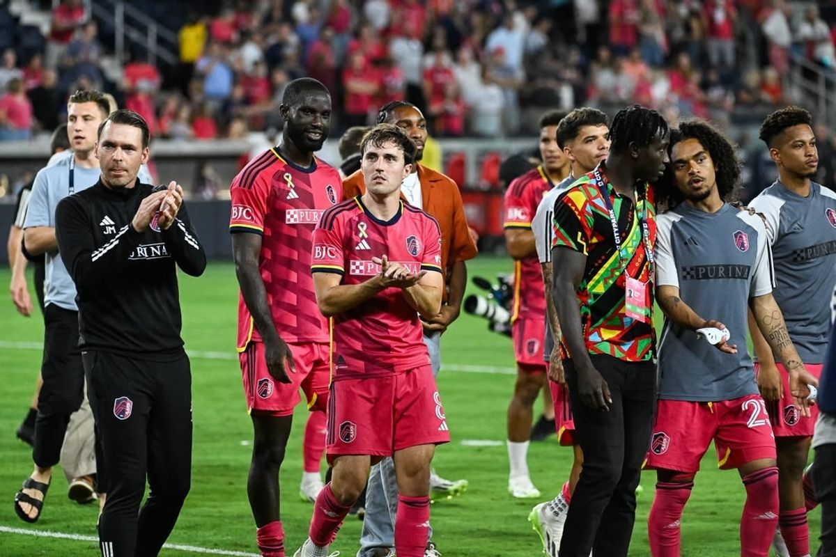 Sep 30, 2023; St. Louis, Missouri, USA; St. Louis City players applaud the home crowd after a 4-1 victory against Sporting Kansas City at CITYPARK.