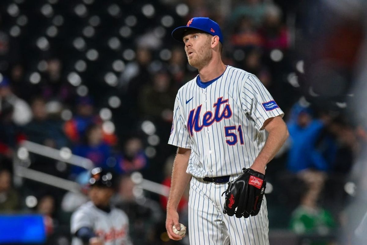 Apr 1, 2024; New York City, New York, USA; New York Mets relief pitcher Michael Tonkin (51) reacts during the tenth inning against the Detroit Tigers at Citi Field.