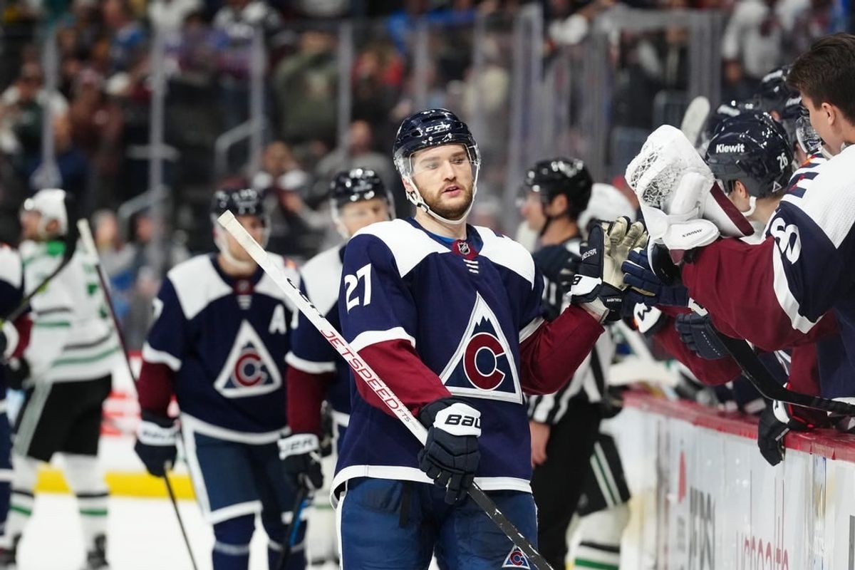 Apr 7, 2024; Denver, Colorado, USA; Colorado Avalanche left wing Jonathan Drouin (27) celebrates his third period goal against the Dallas Stars at Ball Arena.