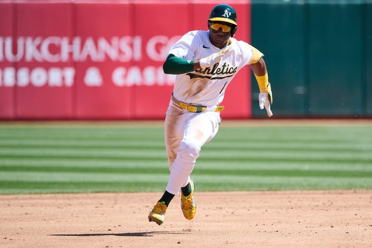 Mar 31, 2024; Oakland, California, USA; Oakland Athletics outfielder Esteury Ruiz (1) runs the bases after hitting a triple against the Cleveland Guardians during the third inning at Oakland-Alameda County Coliseum.