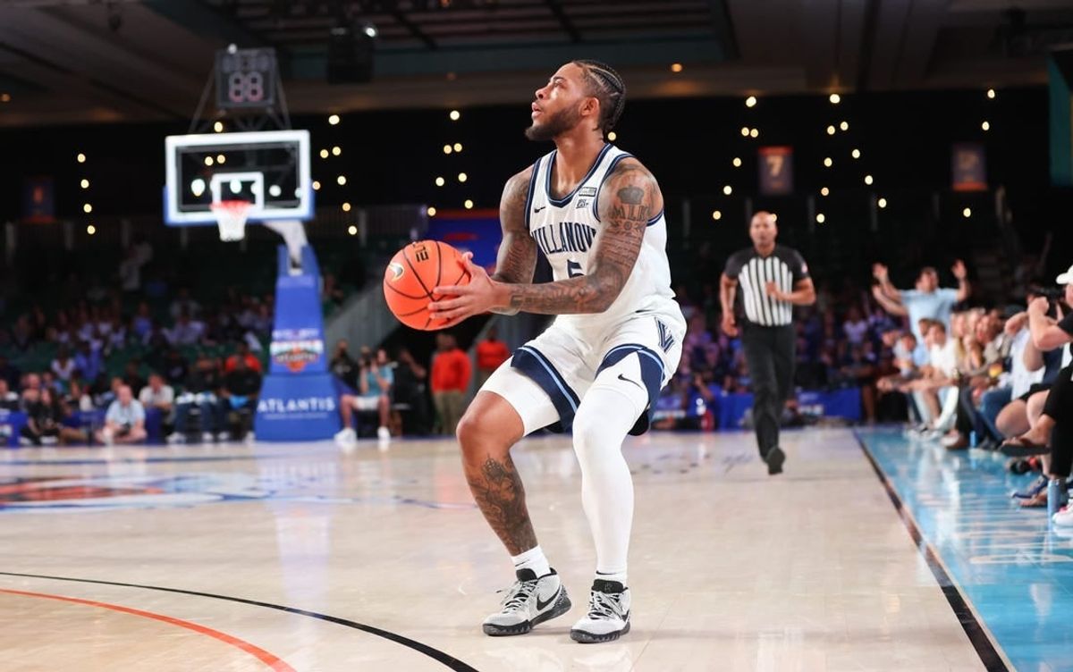 Nov 24, 2023; Paradise Island, BAHAMAS;  Villanova Wildcats guard Justin Moore (5) shoots during the first half against the Memphis Tigers at Imperial Arena.