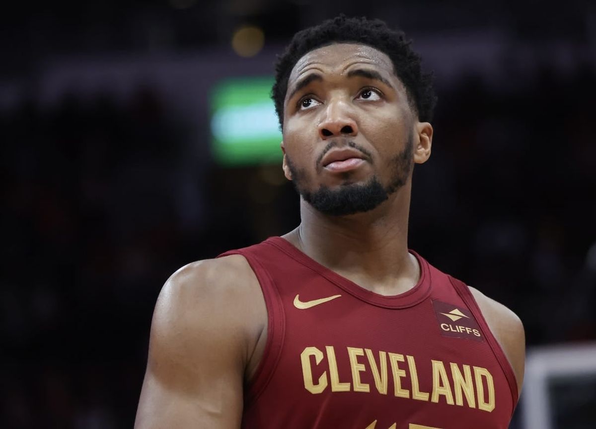 Mar 16, 2024; Houston, Texas, USA; Cleveland Cavaliers guard Donovan Mitchell (45) looks at the replay board while playing against the Houston Rockets  in the second half at Toyota Center.