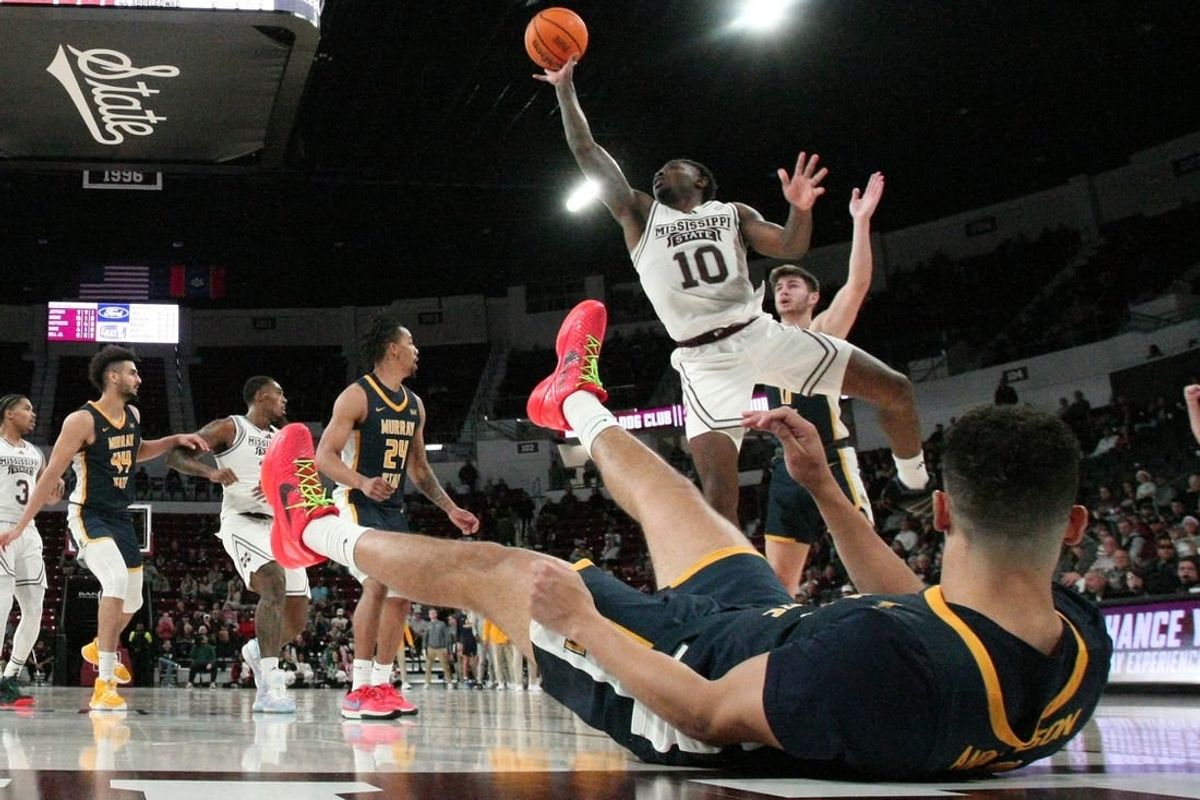 Dec 13, 2023; Starkville, Mississippi, USA; Mississippi State Bulldogs guard Dashawn Davis (10) drives to the basket during the second half against the Murray State Racers at Humphrey Coliseum.