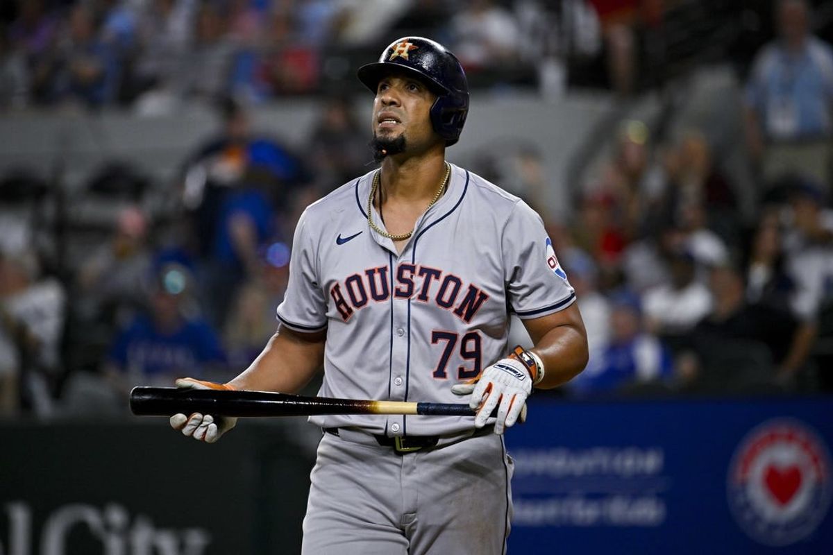 Apr 5, 2024; Arlington, Texas, USA; Houston Astros first base Jose Abreu (79) during the game between the Texas Rangers and the Houston Astros at Globe Life Field.