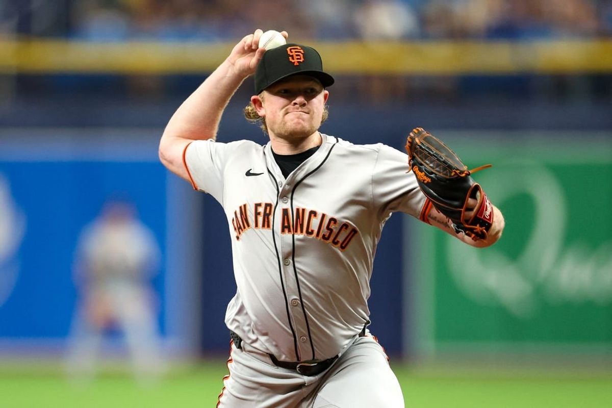 Apr 13, 2024; St. Petersburg, Florida, USA;  San Francisco Giants pitcher Logan Webb (62) throws a pitch against the Tampa Bay Rays in the second inning at Tropicana Field.