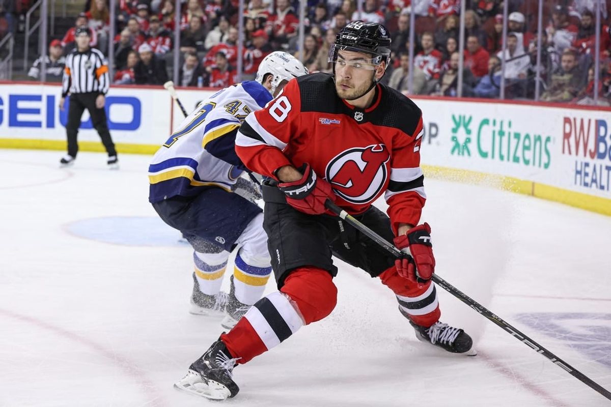 Mar 7, 2024; Newark, New Jersey, USA; New Jersey Devils right wing Timo Meier (28) looks back during the third period in front of St. Louis Blues defenseman Torey Krug (47) at Prudential Center.