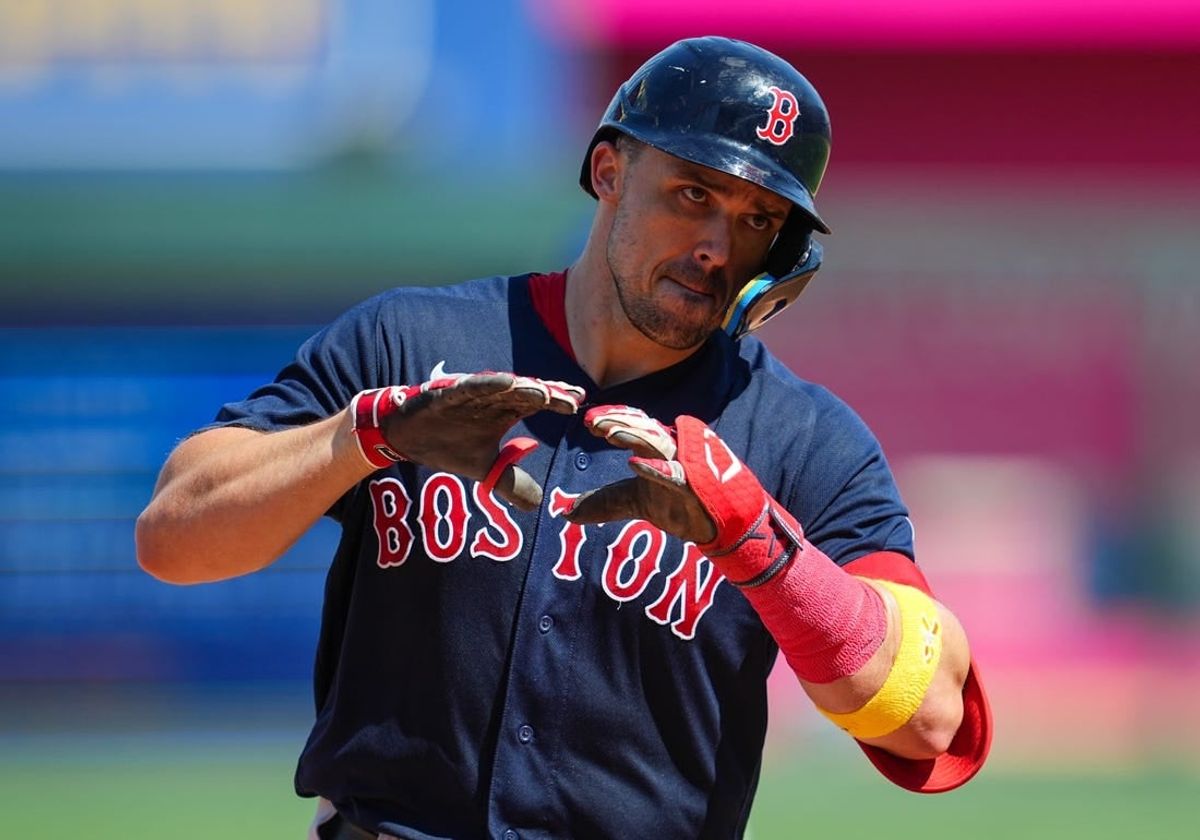 Sep 3, 2023; Kansas City, Missouri, USA; Boston Red Sox center fielder Adam Duvall (18) rounds the bases after hitting a home run during the sixth inning against the Kansas City Royals at Kauffman Stadium.