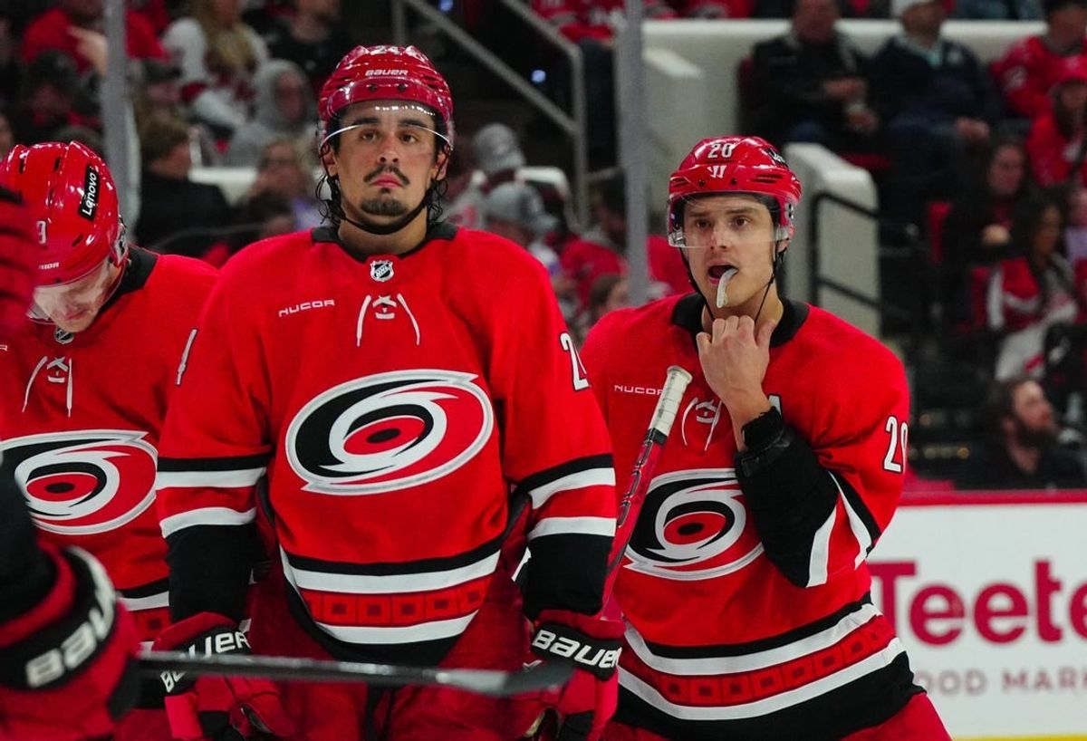 Mar 28, 2024; Raleigh, North Carolina, USA;  Carolina Hurricanes center Sebastian Aho (20) and center Seth Jarvis (24) look on against the Detroit Red Wings during the second period at PNC Arena.