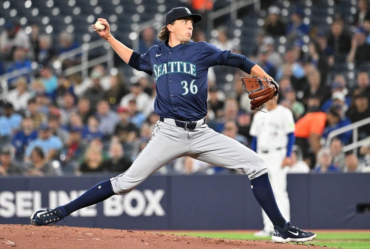 Apr 10, 2024; Toronto, Ontario, CAN;  Seattle Mariners starting pitcher Logan Gilbert (36) delivers a pitch against the Toronto Blue Jays in the first inning at Rogers Centre.
