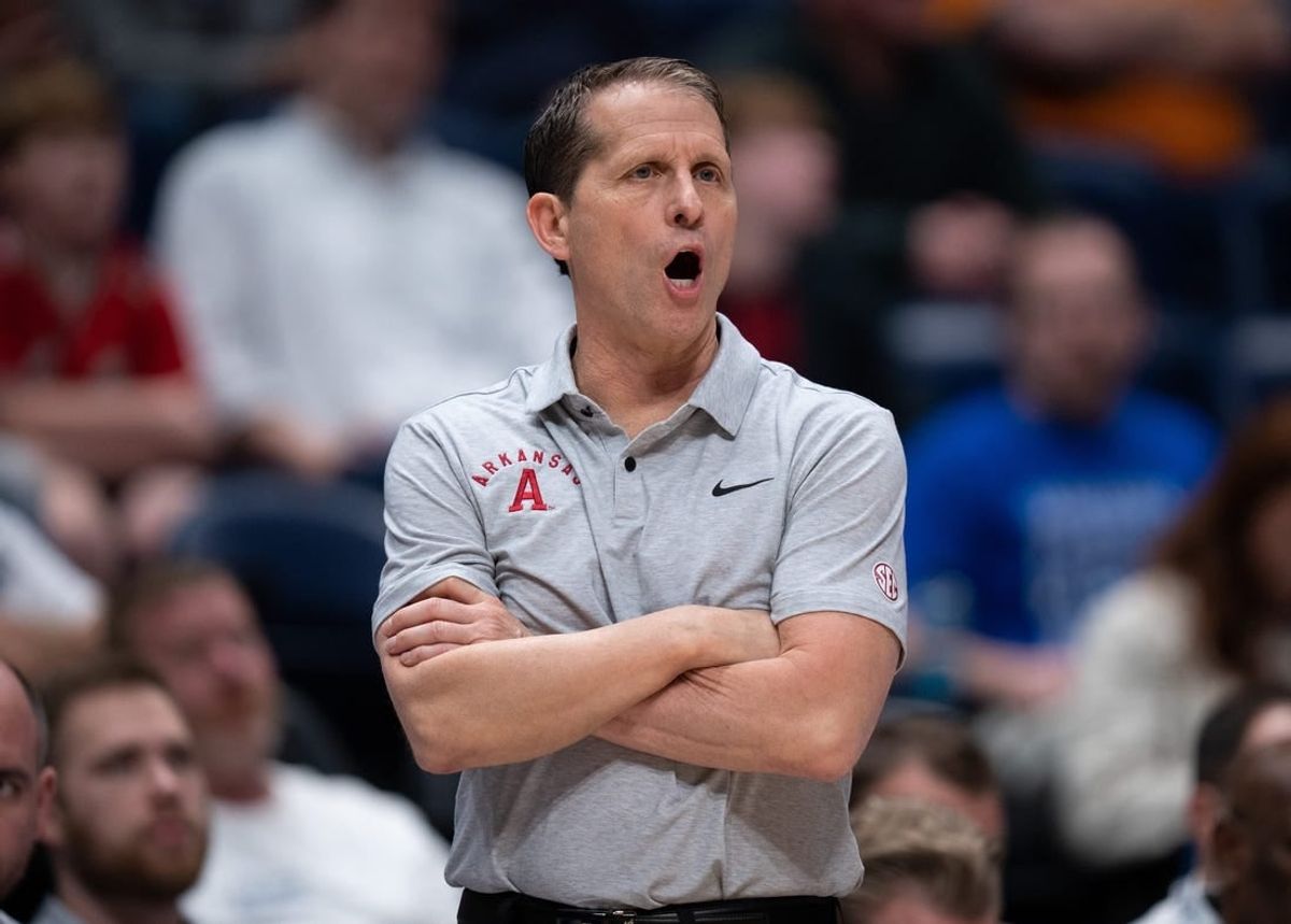 Arkansas Razorbacks head coach Eric Musselman works the referees against South Carolina during their second round game of the SEC Men's Basketball Tournament at Bridgestone Arena in Nashville, Tenn., Thursday, March 14, 2024.