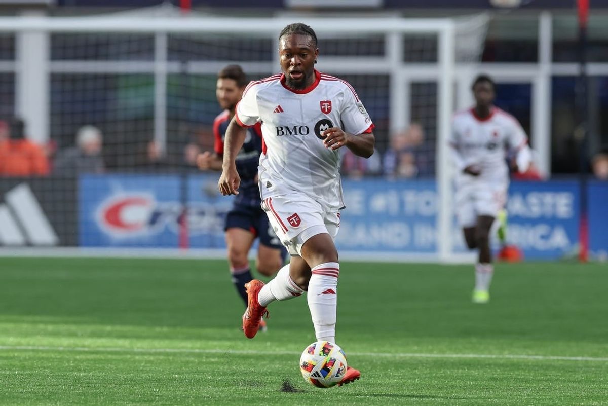 Mar 3, 2024; Foxborough, Massachusetts, USA; Toronto FC forward Ayo Akinola (9) possesses the ball during the second half against the New England Revolution at Gillette Stadium.