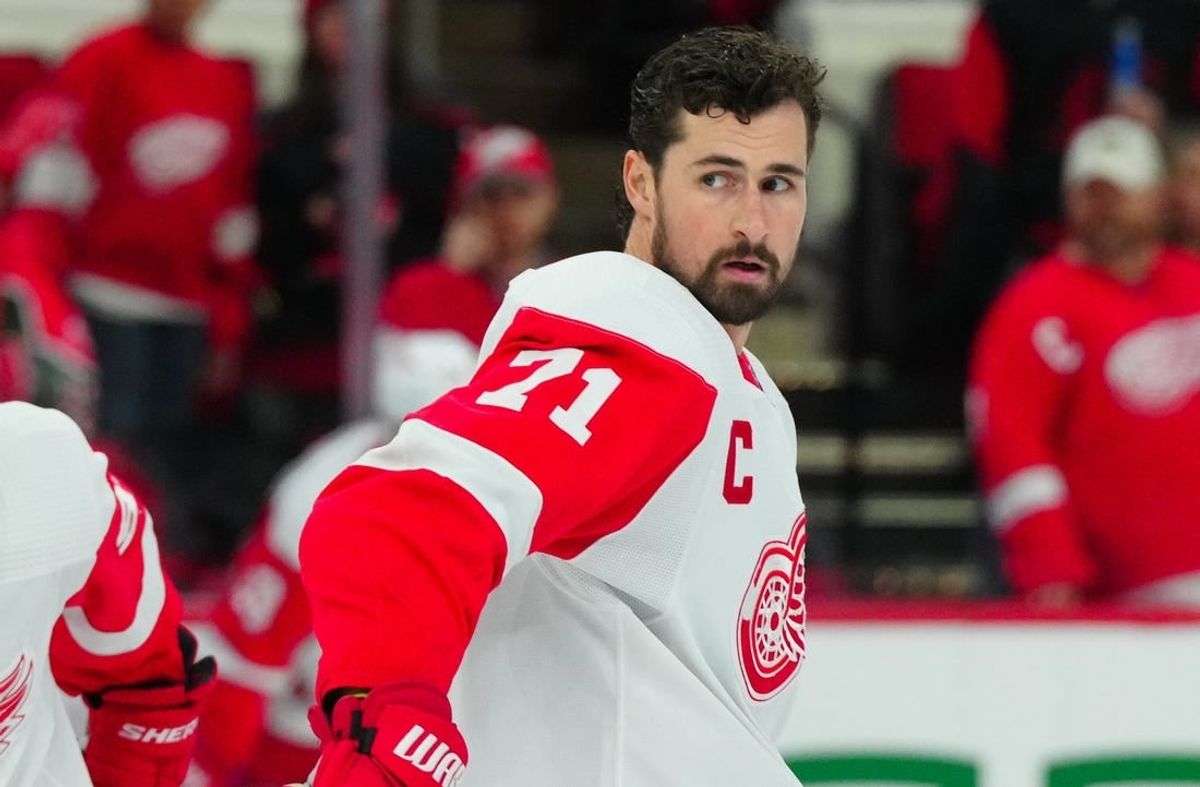 Jan 19, 2024; Raleigh, North Carolina, USA; Detroit Red Wings center Dylan Larkin (71) looks on during the warmups before the game against the Carolina Hurricanes at PNC Arena.