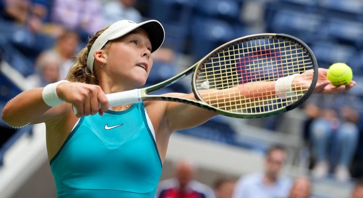 Aug 30, 2023; Flushing, NY, USA; Mirra Andreeva hits to Coco Gauff of the USA on day three of the 2023 U.S. Open tennis tournament at USTA Billie Jean King National Tennis Center.