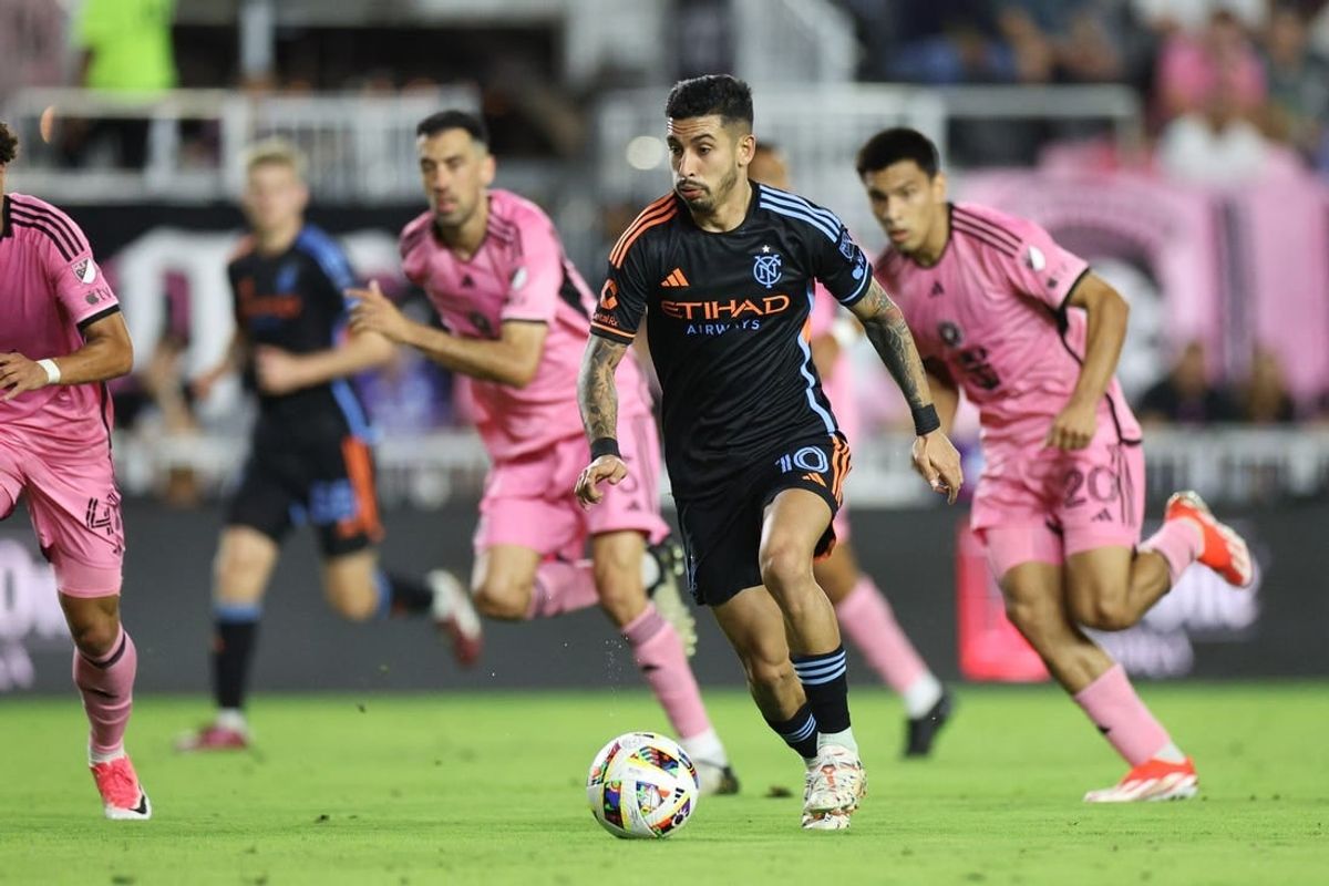 Mar 30, 2024; Fort Lauderdale, Florida, USA; New York City FC forward Santiago Rodriguez (10) dribbles against Inter Miami CF during the first half at Chase Stadium.