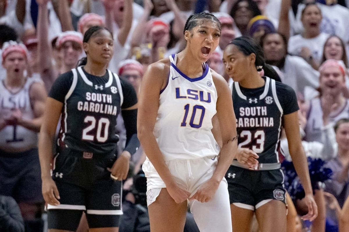 Jan 25, 2024; Baton Rouge, Louisiana, USA; LSU Tigers forward Angel Reese (10) reacts after a score against the South Carolina Gamecocks during the first half at Pete Maravich Assembly Center.