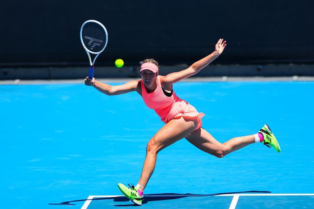 Jan 16, 2024; Melbourne, Victoria, Australia; Danielle Collins of the United States plays a shot against Angelique Kerber (not pictured) of Germany in Round 1 of the Women's Singles on Day 3 of the Australian Open tennis at Rod Laver Arena.