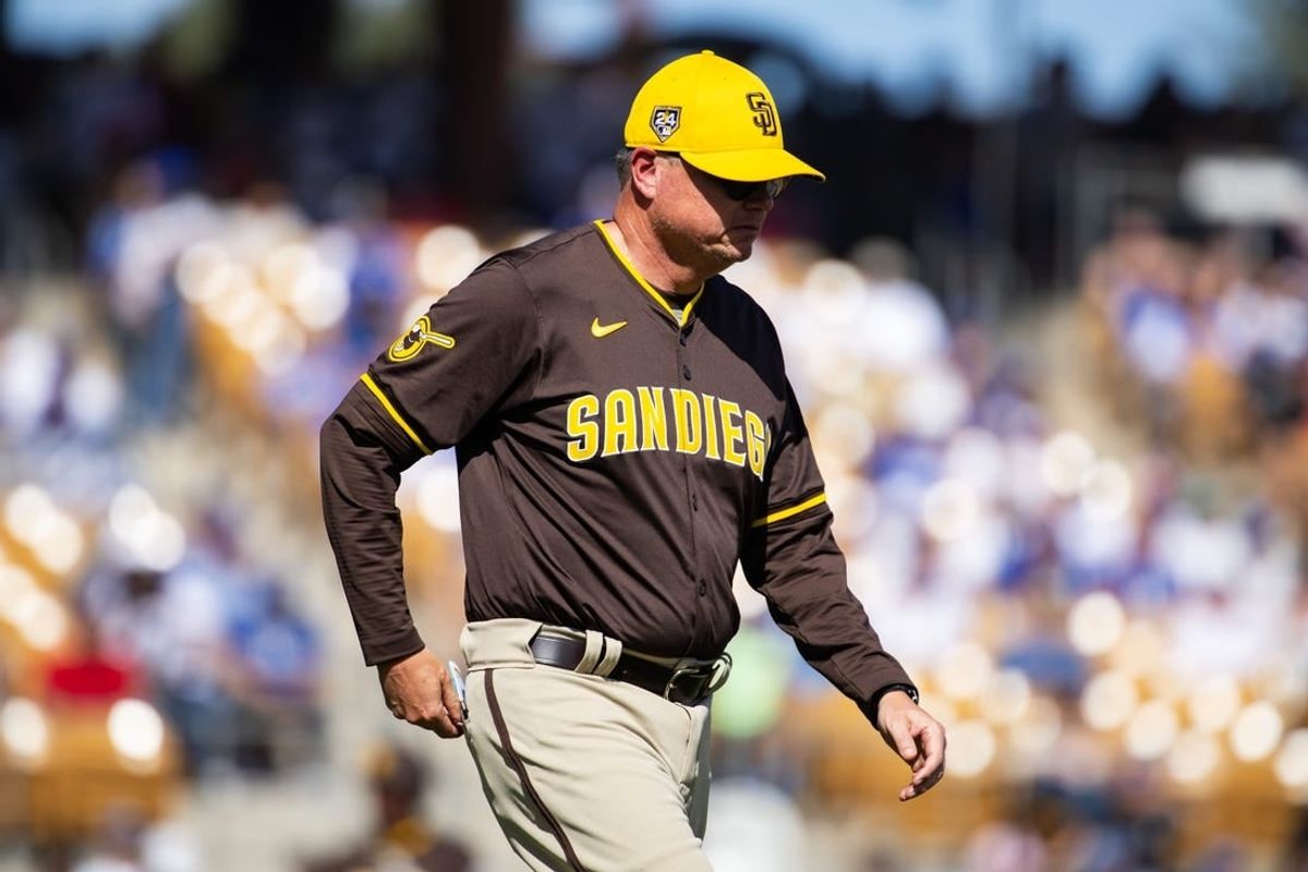 Feb 23, 2024; Phoenix, Arizona, USA; San Diego Padres manager Mike Shildt against the Los Angeles Dodgers during a spring training game at Camelback Ranch-Glendale.