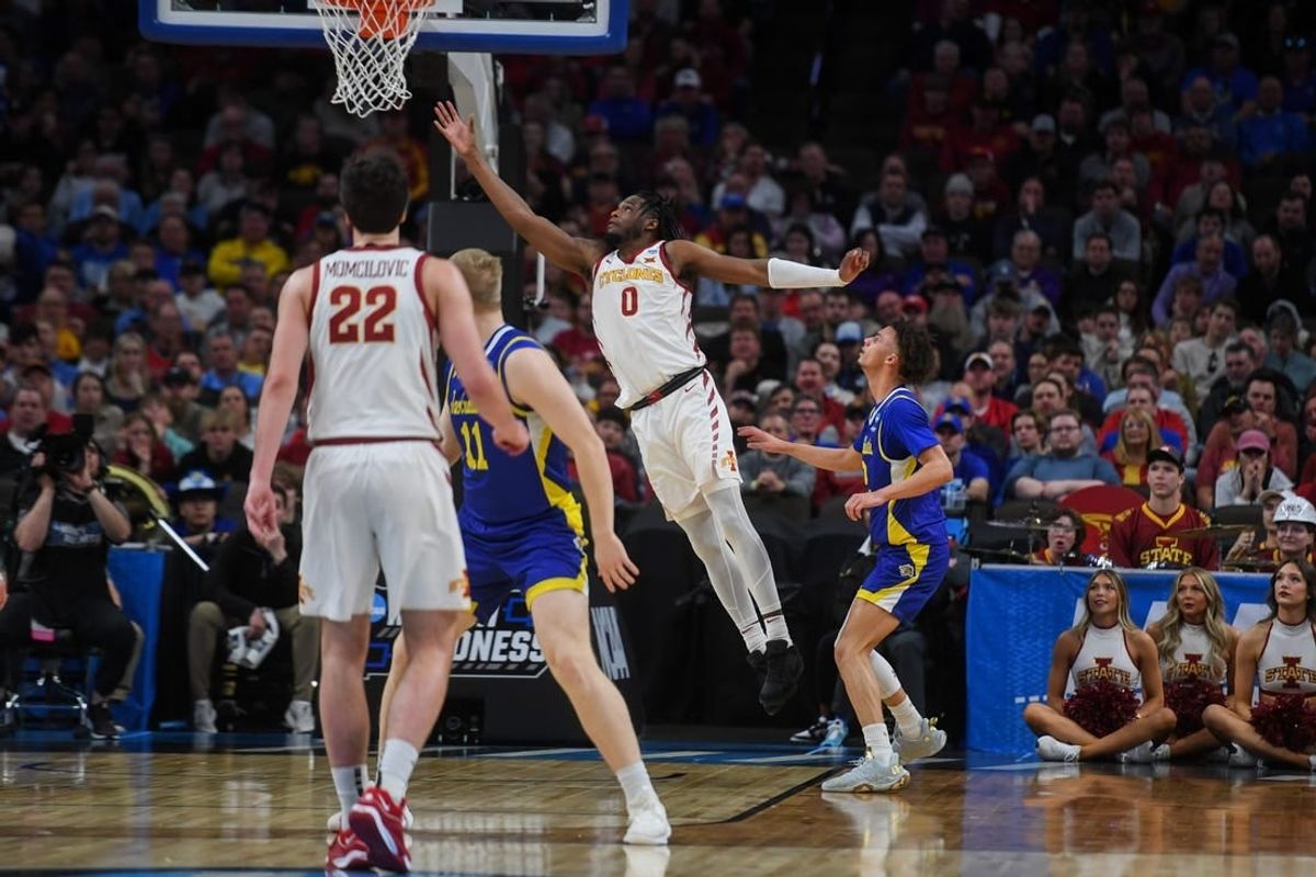Iowa State Cyclones forward Tre King (0) jumps for the lay up during the second half on Thursday, March 21, 2024 at the CHI Health Center in Omaha, Nebraska.