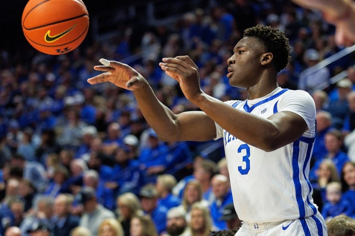 Nov 20, 2023; Lexington, Kentucky, USA; Kentucky Wildcats guard Adou Thiero (3) inbounds the ball during the first half against the Saint Joseph's Hawks at Rupp Arena at Central Bank Center.