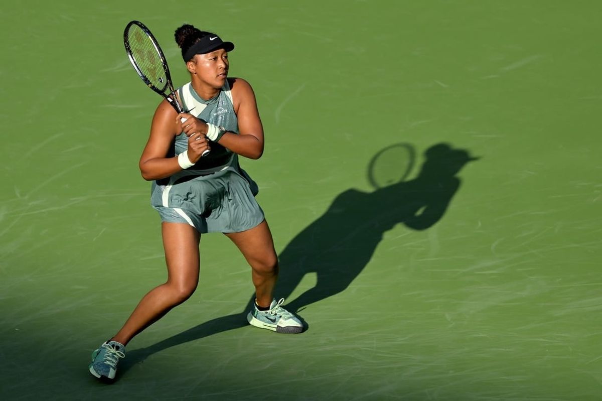 Mar 7, 2024; Indian Wells, CA, USA; Naomi Osaka (JPN) hits a shot during her first round match against Sara Errani (ITA) in the BNP Paribas Open at the Indian Wells Tennis Garden.
