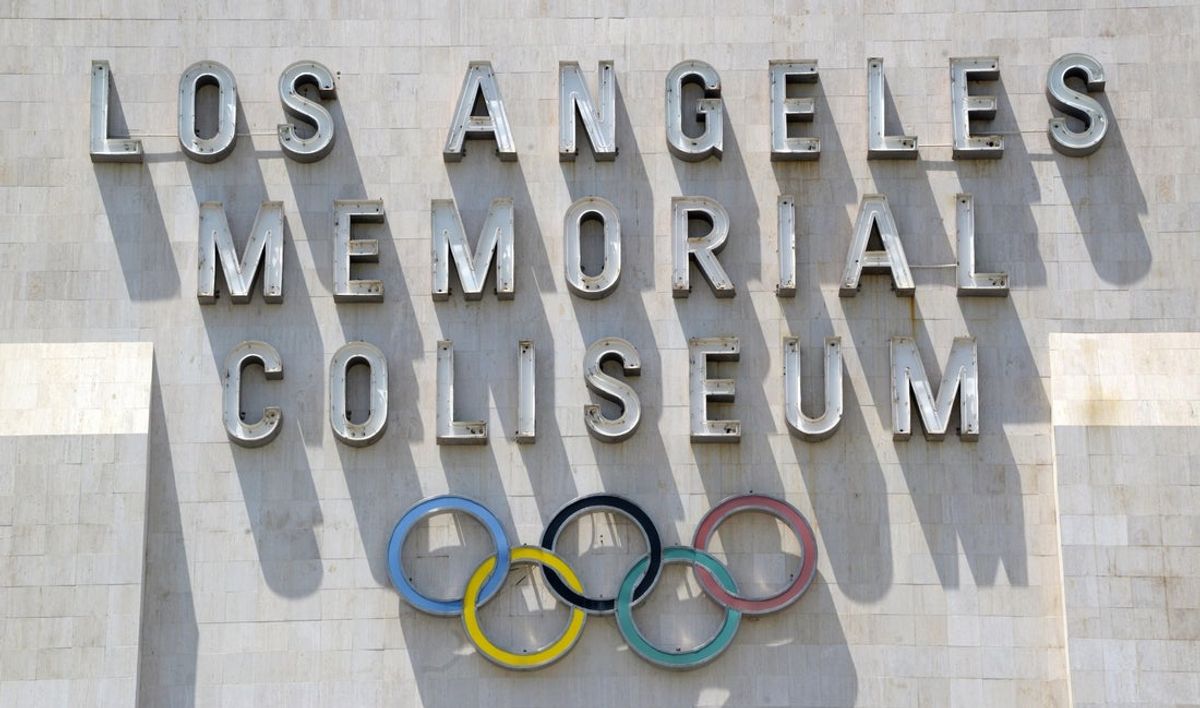 May 11, 2017; Los Angeles, CA, USA; General view of the Olympic rings at the Los Angeles Memorial Coliseum peristyle. The venue is proposed site of the 2014 Los Angeles Olympic Games track and field and opening and closing ceremonies. Mandatory Credit: Kirby Lee-Imagn Images