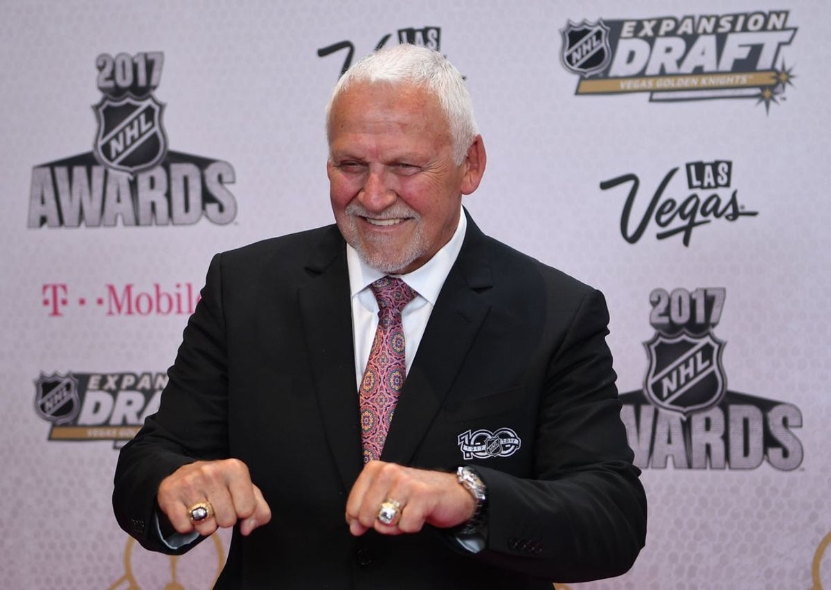 Jun 21, 2017; Las Vegas, NV, USA; Bernie Parent arrives on the red carpet before the 2017 NHL Awards and Expansion Draft at T-Mobile Arena. Mandatory Credit: Stephen R. Sylvanie-Imagn Images