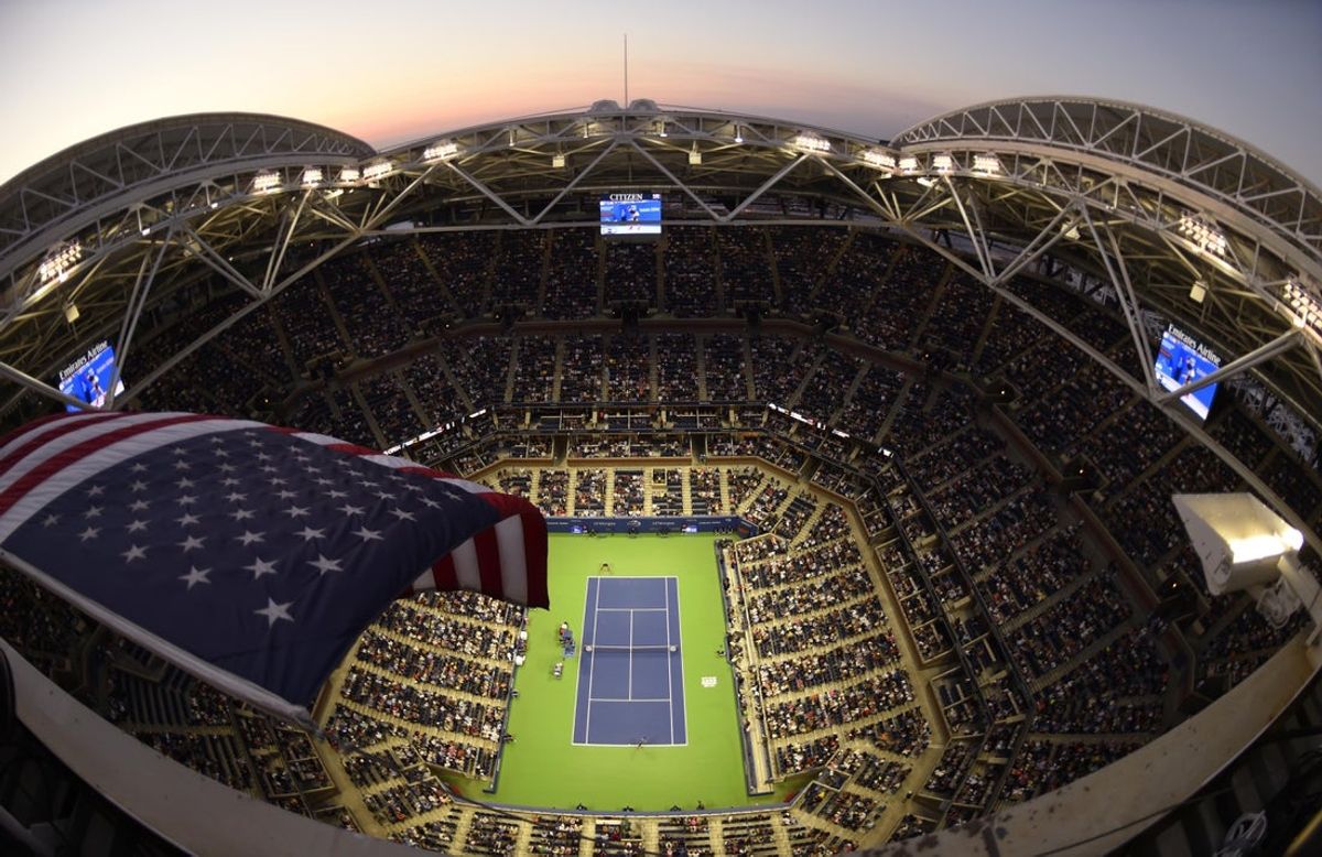 Sep 4, 2017; New York, NY, USA; A general view as an American flag waves in the wind over Arthur Ashe Stadium during the match between Roger Federer of Switzerland and Philipp Kohlschreiber of Germany on day eight of the U.S. Open tennis tournament at USTA Billie Jean King National Tennis Center. Mandatory Credit: Jerry Lai-Imagn Images